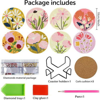 gganmtere 8p - Flowers Diamond Art Coasters,Flower Diamond Painting Coasters,5D DIY Full Drill Coaster with Holder Present - color: Jxbd104