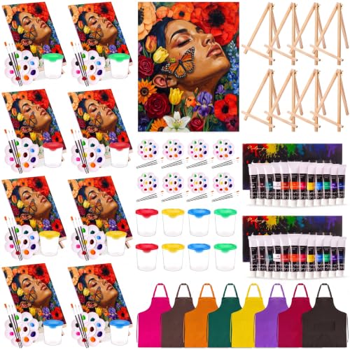Cholemy 8 Set Paint and Sip Kit for Adults 8'' x 10'' Pre Drawn Canvas with Wooden Easels Acrylic Paint Brushes Wash Cup Palette Apron for Painting DIY Date Night Party Supplies (Butterfly Lady) - style: Butterfly Lady