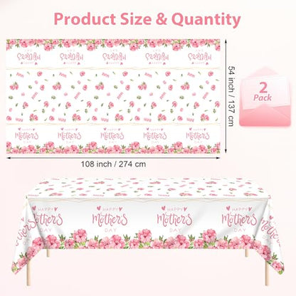 Kochorie 2 Pack Mother's Day Tablecloths 108 x 54 Inch Happy Mother’s Day Table Covers Disposable Waterproof Plastic Tablecloth for MOM's Day Party Supplies Home Outdoor Dining Table - style: Mother's Day