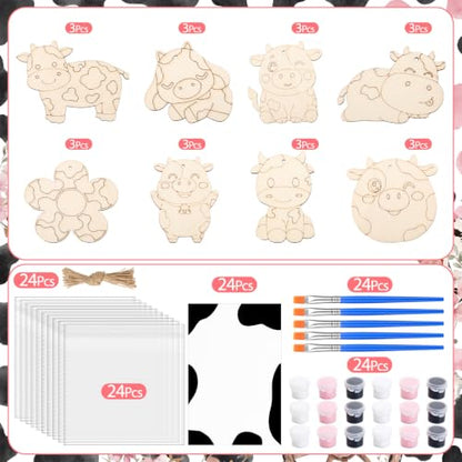 Saypacck 24 Pcs Party Favors Wooden Painting Craft Kits Birthday Party Supplies with Organza Bag for Goodie Bags Fillers Adult Thank You Gifts(Cow) - style: Cow
