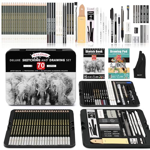 KALOUR 72-Pack Sketch Drawing Pencils Kit with Sketchbook and 3-color Drawing Paper,Tin Box,Include Graphite,Charcoal,Drawing Glove and Artists Tools,Pro Art Drawing Supplies for Adults Beginner
