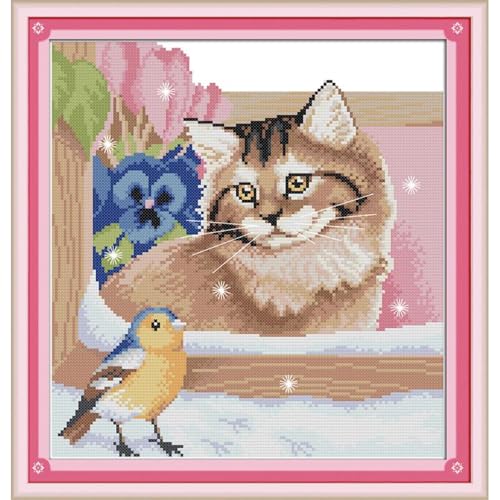 JOYSEWING Cat Stamped Cross Stitch Kits,Animals Counted 11CT Needlepoint Kits for Beginners,Embroidery Kit Arts and Crafts for Home Wall Decor Gifts-(Birds and Cats (Printed)) 16.1×16.5 inch - color: Birds and Cats (Printed)