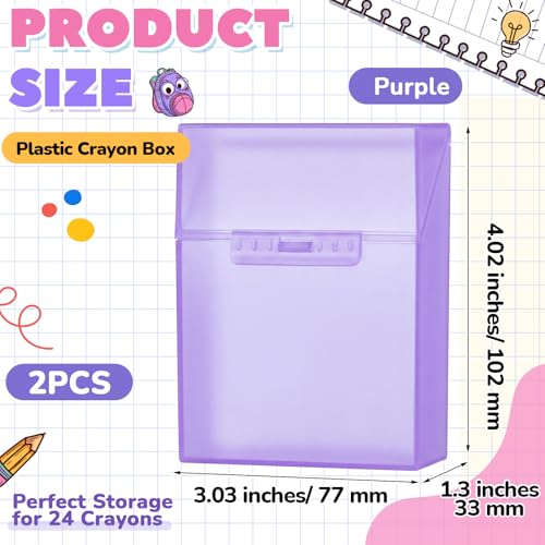 Clabby 2 Pcs Clear Plastic Crayon Boxes Hold 24 Count, Purple | Organizer Box, Case, Colorful, Portable Storage Holder with Snap Lid, for Kids Boys Girls School Classroom Home Art Supply - color: Purple