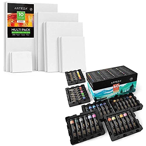 Arteza Watercolor Paint Set and Stretched White Blank Canvas Multi Pack Bundle, Painting Art Supplies for Artist, Hobby Painters & Beginners