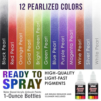 U.S. Art Supply Airbrush Paint Set - 12 Color Pearlized with Reducer & Cleaner, Ready to Spray Air brush Paint, 1-Ounce Water-Based Acrylic for Painting Metal, Plastic Models, Canvas, Wood - color: 12-Color Pearl Set