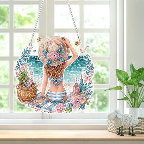 Bowetile Summer Diamond Art Hanging Kits for Adults, Diamond Art Suncatchers Beach Vacation, 5D Special Shape Diamond Painting Pendant Window Ornament Gifts for Home Wall Door Garden Decor - color: Beach Vacation
