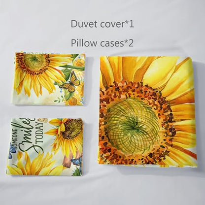 AILONEN Sunflower Duvet Cover Set Full Size,Garden Sunflowers Bedding Set,Yellow Flowers Comforter Cover Set,3 Pieces Butterfly Sunflower Duvet Cover Set, 1 Quilt Cover and 2 Pillowcases - color: Sunflower43, size: Full