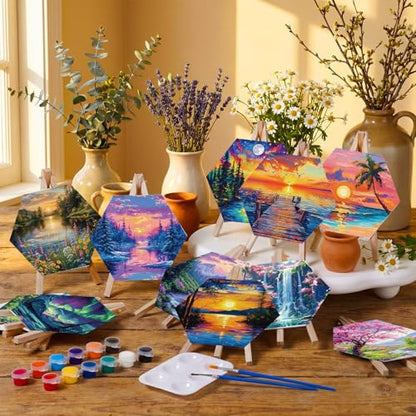 Watersay 12 Set Kids Pre Drawn Canvas for Painting Kit 12 Pcs 6" x 6" Landscape Printed Pre Drawn Canvas, Easels, Palette, Paint Pot, 24 Brushes Kid Paint Party Favor for DIY Classroom Craft Activity - style: Landscape