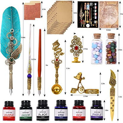 Aifeiter Quill Pen Feather Calligraphy Pen and Ink Set,Wax Seal Stamp Set,includes Quill Pen,Glass Dipping Pen,Wooden Dipping Pen,6 Bottles of Ink,8 Sheets of Writing Paper,Envelope-Green - color: Green