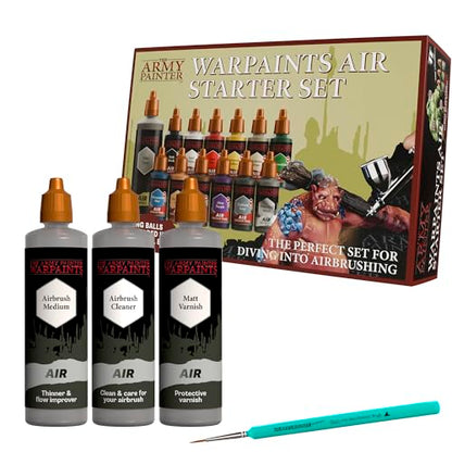 The Army Painter, Airbrush Starter Bundle, 12x18ml Air Acrylic Model Paints | Air Beginner Set incl. 1x100ml of each Cleaner, Medium, Anti-Shine Matt Varnish & Grey Primer, 1 Brush for Miniature Painting - color: Airbrush Starter Bundle
