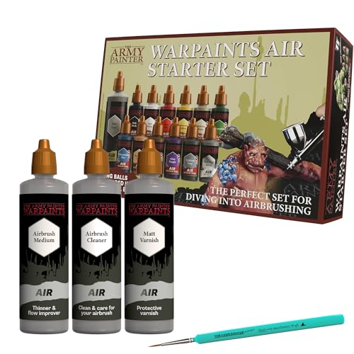 The Army Painter, Airbrush Starter Bundle, 12x18ml Air Acrylic Model Paints | Air Beginner Set incl. 1x100ml of each Cleaner, Medium, Anti-Shine Matt Varnish & Grey Primer, 1 Brush for Miniature Painting - color: Airbrush Starter Bundle