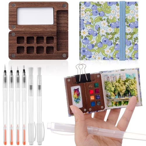 Qilery Mini Portable Watercolor Palette Set Wooden Grid Paint Box Watercolor Paper Sketch Book Brush Pens with Binder Clip for Painters Artist Not Include Paint(Blueberry) - style: Blueberry