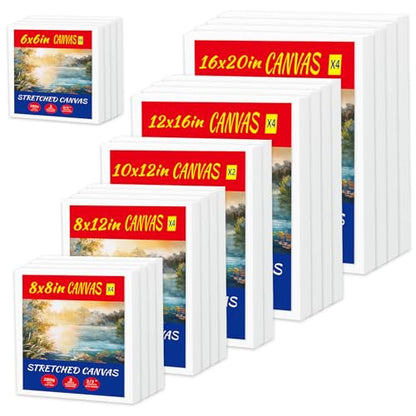 22-Pack Stretched Canvas 6 Sizes 6x6 to 16x20 Cotton for Oil & Acrylic | 10oz 100% cotton duck seed husk, triple acid-free gesso, reinforced pine frames for oil, acrylic & mixed media - size: 20x30, 30x40, 40x50, 20x20, 15x15, 24x30