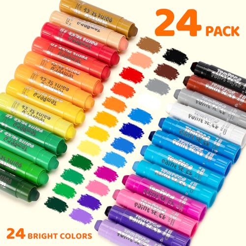 Ellinjan Tempera Paint Sticks For Kids, 24 Colors, Washable & Quick-Drying Twistable Solid Paint, Mess-Free Art Supplies for Drawing & Painting, Ideal Toddler Arts and Crafts Gifts