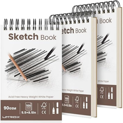 Umriox Sketch Pads for Drawing, 5.5" x 8.5" Small Sketchbook, 3-Pack | Acid-Free Drawing Paper, 100 Sheets Each Pad, Spiral Bound, Portable Art Supplies for Kids, Beginners, Travel & Projects - size: 5.5" x 8.5"