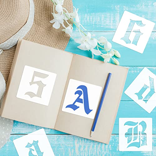 5 Inch Calligraphy Letter Stencils for Painting, 66 PCS Old English Lettering Stencils Reusable Alphabet Stencil Plastic Letters Numbers Templates for Painting on Wood Wall Fabric Art Crafts - size: 5 inch