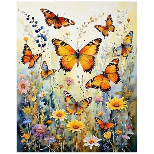 Floral Paint by Numbers Kit for Adults - DIY Orange Butterflies and Wildflowers Painting on Canvas, Acrylic Paint Set, Suitable for Beginners, Art for Home Decoration or Gifts(12X16IN Framed) - color: HSX00562, size: 12X16IN Framed
