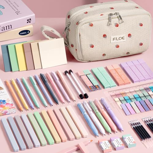 62PCS Aesthetic School Supplies Cute Back to School Supplies Stationary Set | College Preppy Essentials Kit with Large Pencil Pouch Case, Pastel Highlighters Gel Pens Mechanical Pencils for Student Girls - color: Pink