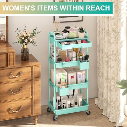 Goovilla 4 Tier Rolling Utility Cart Organizer with Removable Drawer, Blue | Stable and Sturdy Rolling Storage Carts with 2 Lockable Wheels for Bathroom, Kitchen, Snack, Craft, Makeup, Baby Essentials - size: 4 Tier, style: Blue