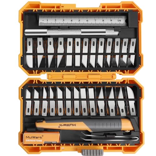 MulWark 32-Piece Precision Hobby Knife Set - Exacto Knife Set For Modeling - Craft Knife Handle Customized With Chiseling, Stencil Edge And Fine Point Blades With Sharpening Stone And Steel Ruler - style: 32 PCs of Precision Knife Set