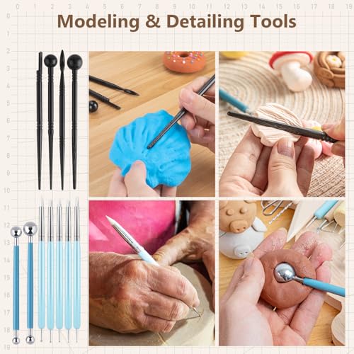UUSYCUN 36PCS Pottery & Clay Sculpting Tools, Ceramics Polymer Tools Set, Clay Modeling Tools with Case for Air Dry Clay, Carving, Molding, Pottery Wheel, Crafting Supplies, Pros, Beginners, Adults - color: Wood-36PCS
