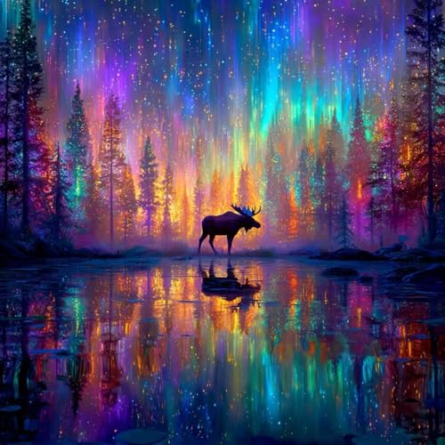 SHICERNHJ Sky Aurora Diamond Art Kits for Adults Beginner,5D Full Drill Diamond Dots for Deer Under Aurora，DIY Round Diamond Painting Kits Gem Art for Crafts Adult Home Decor 14 X 14 Inch - color: SH158