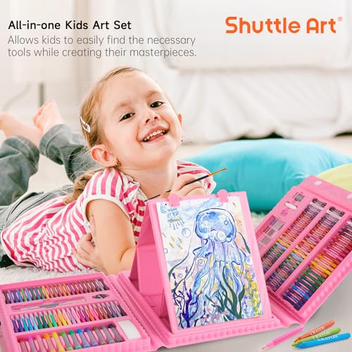 Shuttle Art 335 Piece Kids Art Set, Multi-Media Art Supplies, Gift Art Kit with Trifold Easel, 2 Drawing Pads, 2 Coloring Books, Oil Pastels, Crayons, Watercolors, Markers, Colored Pencils (Pink) - color: Pink-335 Piece