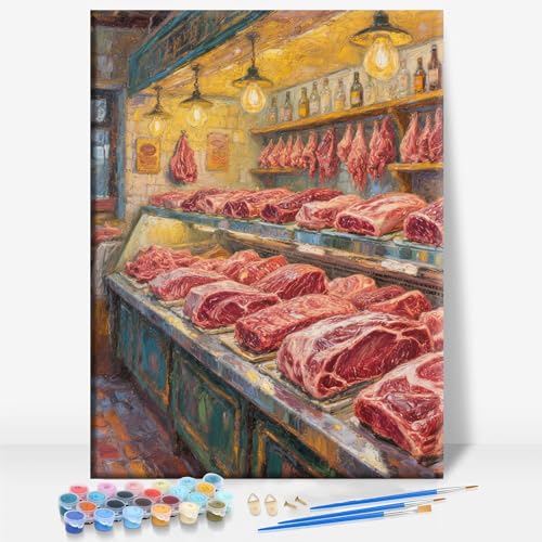 Aeontinity Butcher Shop Space Framed Canvas DIY Paint by Numbers Kit Bar Cafe Cave Home Room Wall Bathroom Porch Patio Decor Gift, 16 x 12 Inch - color: BUTCHER SHOP