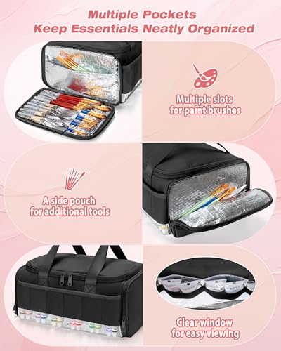 Marscamd Acrylic Paint Organizer Holds 60 Bottles (2 oz), Acrylic Paint Bag | with Tools Storage Sections & Crossbody Strap, Water-repellent fabric, Aluminum-lining, Black - color: Black