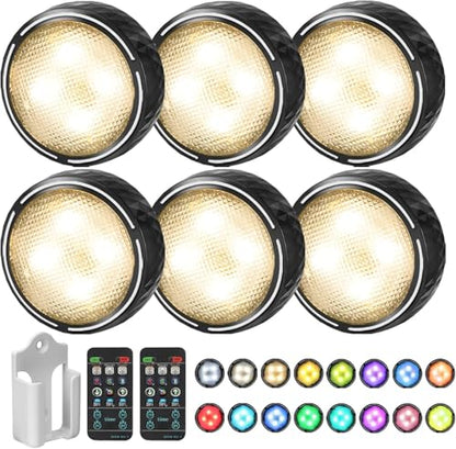 LED Puck Lights with Remote Battery Operated Under Cabinet Lighting Wireless Stick on Lights Color Changing Timer Tap Lights for Cabinets Shelves Closets Display Case - 6Pack Black | 3x1.2in, Wireless, Adhesive Stick on, Push Tap Lights for Cabinet, Kitch