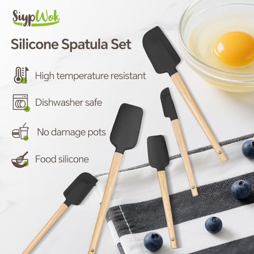 Silicone Spatula Set, Food Grade Rubber Spatula-5 Piece Nonstick Rubber Spatulas, Spoonula, Jar Scraper for Cooking, Baking, Mixing, Frosting - Heat Resistant Up to 600°F (5 Pcs Black) - color: Deep Black