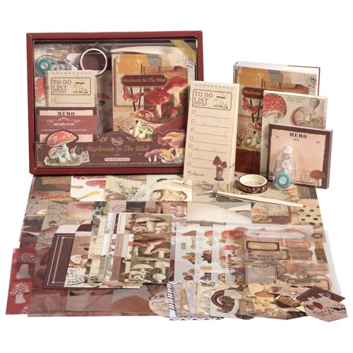 Scrapbook Photo Album Supplies Kit with Tweezers and Glue Tape – Vintage Aesthetic Junk Journaling Set, Scrapbooking Paper, Sticker Pack, Notebook, Stationery Kit, Gift for Adults Teens (Mushroom) - color: Mushroom