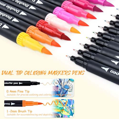 MIN CI 48 Colors Markers, Dual Tip with Fine Tip and Brush Tip Pens for Adult Coloring Book, Dual Brush Coloring Markers, Art Supplies Marker s Kit for Calligraphy, Drawing, DIY Crafts - color: 48 colors
