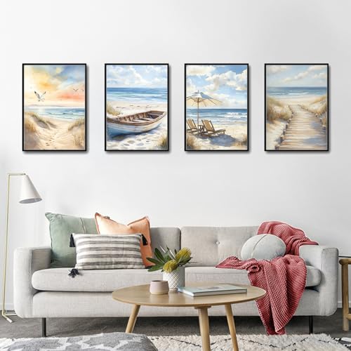 4 Pack Paint by Numbers Kit for Adults with Frame, Beach DIY Painting Kit - color: CYOP4P02