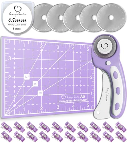 Honey's Heaven Rotary Cutter Set - Quilting Kit incl. 45mm Fabric Cutter, 5 Replacement Blades, A6 Cutting Mat and Craft Clips - Ideal for Crafting, Sewing, Patchworking, Crochet & Knitting - color: Lavender, size: A6 (5.5" x 4")