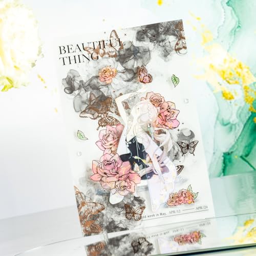 60 Pcs Gold Foil Watercolor Floral PET Stickers for Scrapbooking | Soft color washes with floral line art and butterflies; pre-cut, transparent and water-resistant for journals and collages - color: Starlight Bloom