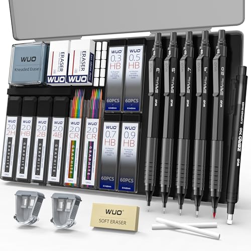 WUO Mechanical Pencil Set, 5 Pack Drafting Pencils 0.3/0.5/0.7/0.9/2.0mm | Mechanical drawing pencils, 312 lead refills, erasers/sharpeners for drafting, technical drawing, sketching, writing & art - color: Black, size: 0.3/0.5/0.7/0.9/2.0