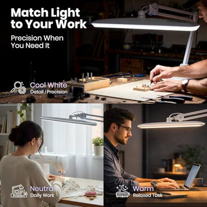 Neatfi XL 2,200 Lumens 20W LED Task Lamp – 23” Ultra-Wide Head | 182 SMD LEDs | 4 Brightness Levels | 3 Light Modes | Eye-Caring, Glare-Free | Adjustable Arm (White, CCT with Clamp) - color: White