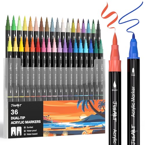 JusArt Acrylic Paint Markers 36 Colors, Dual Tip Art Supplies for Rock | Acrylic Markers for Kids, Paint Pens for Wood Glass Fabric, School Supplies & Classroom Must Haves, Great Gift for Artists. - color: Black Barrel- 36 Colors