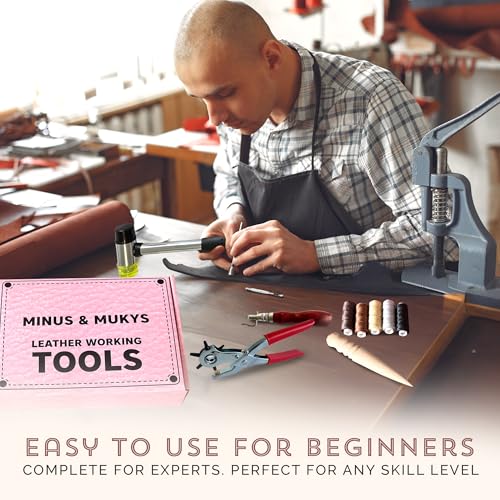 MINUS MUKYS Leather Working Kit Complete Leather Tools Set for Crafts Shoe Repair Kit Belts Includes Hole Puncher for Crafts Sewing Tools Awl Stitching Tool Cutting Mat Ideal for Beginners