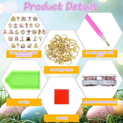 WILLBOND 30 Pcs Easter Diamond Art Keychain Kits He is Risen 5d DIY Double Sided Diamond Painting Keychain Religious Christian Cross Hanging Ornaments for Adults Beginners Key Ring Pendant Crafts - color: Cross