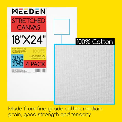 MEEDEN Stretched Canvas, 18 × 24 Inch, Pack of 4, Blank White Canvases for Painting, 100% Cotton, 14 oz Gesso-Primed, Pre-Stretched Canvas for Acrylic Oil Pouring & Airbrushing Painting - size: 18''x24''- 4 Pack