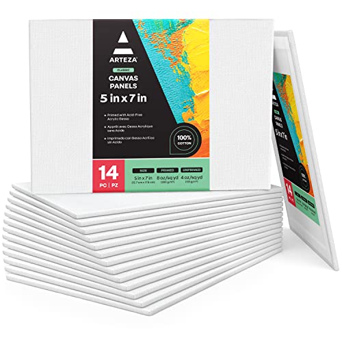 ARTEZA Canvas Boards for Painting, 5 x 7 Inches, Pack of 14, Blank White Small Canvas Panels for Acrylic, Oil and Gouache Painting - size: 5 x 7 (Pack of 14)