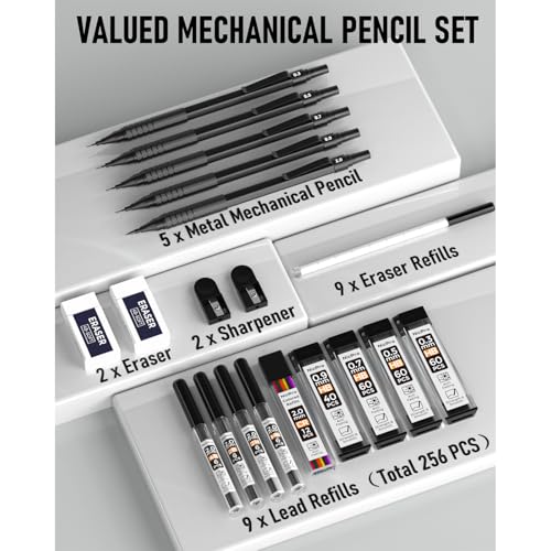 Nicpro Black Art 5PCS Mechanical Pencil Set, Metal Drawing With Lead Eraser - color: Black, style: 0.3 0.5 0.7 2.0