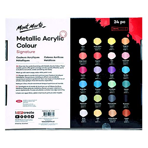 Mont Marte Premium Metallic Acrylic Paint Set, 24 x 1.02oz (36ml) Tubes, 24 Colors, Suitable for Most Surfaces Including Canvas, Card, Paper and Wood - size: 1.22 Fl Oz (Pack of 24)