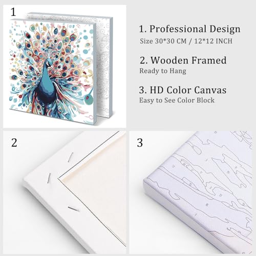 Natuyalo Paint by Numbers Kit for Adults Beginners, 12" Wx12 L Animal Painting by Numbers Kit on Canvas Acrylic Drawing Kits Ready to Stretch and Framed, Colourful Peacock - color: Color-05