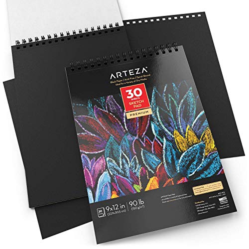ARTEZA Spiral Sketch Book 9x12 Black Art Paper Drawing Pad 2 Pack 30 Sheets Sketch Pads for Drawing - size: 2 Pack
