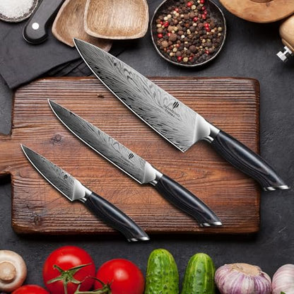3PCS Kitchen Knife Set,Chef Knife Sets in Powder Steel | Ultra Sharp Japanese Knives Set High Carbon Steel Knives Sets, Cooking Knives Set with Ergonomic Pakkawood Handle - size: 3PCS Knife Set
