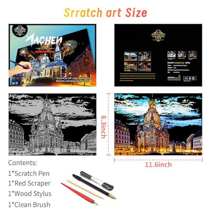 Iskueal Scratch Art for Adults (4 Sheets A4),Family Creative DIY Painting Papers for Travel Lovers,Craft Lovers|Creative Scratch Art Adult (Aachen Germany) - color: (Aachen Germany)