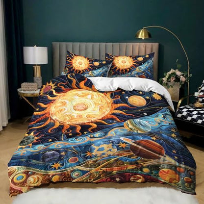 AILONEN Space Galaxy Duvet Cover Set King Size,Boho Sun Planet Bedding Set Cartoon Kids Quilt Cover with 2 Pillowcases,Soft 3-Piece Exotic Themed for Boys Girls - color: Sun and Moon16, size: King
